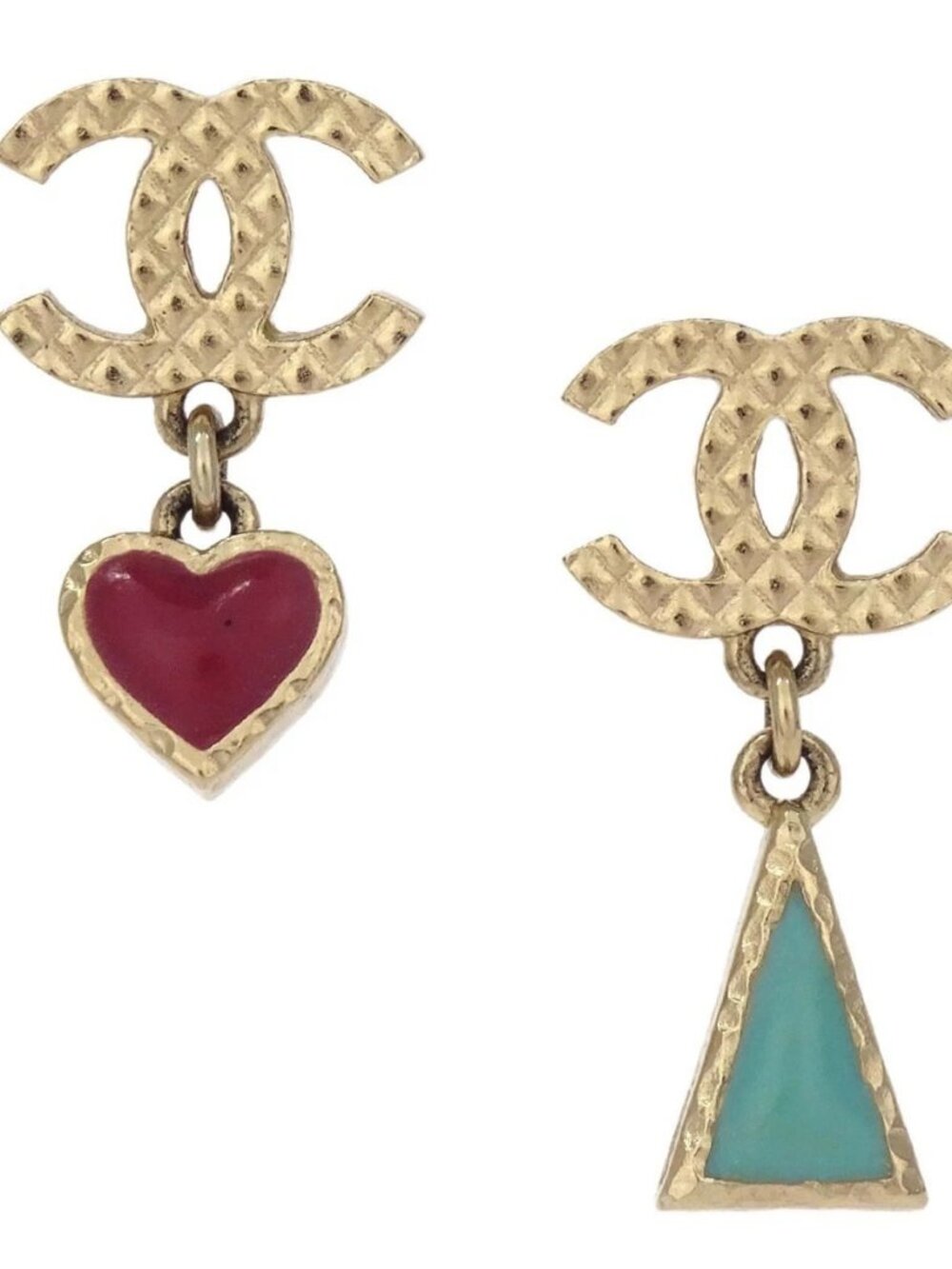 Chanel Dangle Heart Triangle Pierced Earrings CC Gold A18V 168314